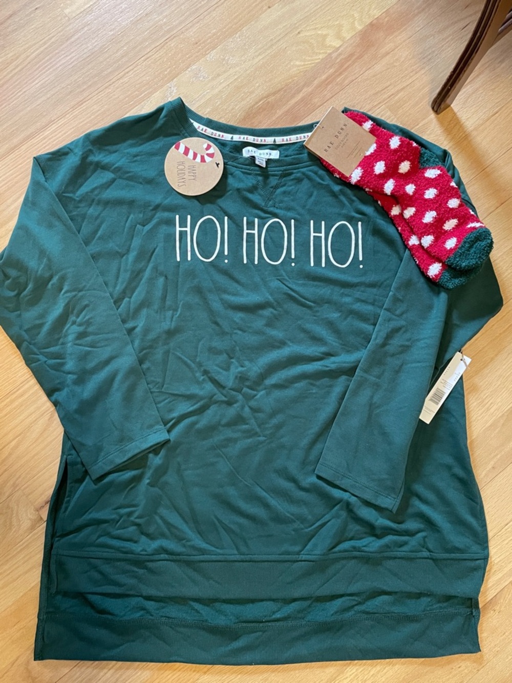 NWT Rae Dunn Green "HO! HO! HO!" Holiday Sweatshirt and cozy socks